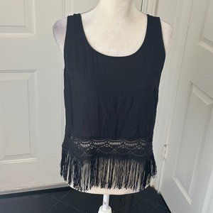 L' Amour Nanette Lepore Fringed Black Lace Tank Top Blouse Size L